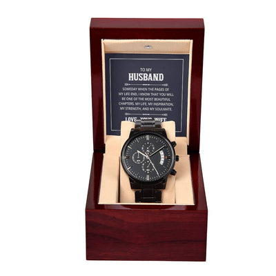 Black Chronograph Watch with Message Card